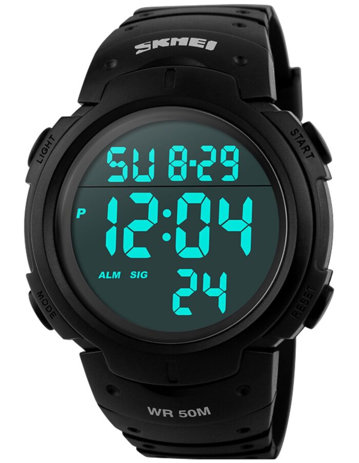 PASOY Mens Women Digital Watch Big Dial Light LED Swim Waterproof Rubber Band Alarm Black LED Watches 50MM