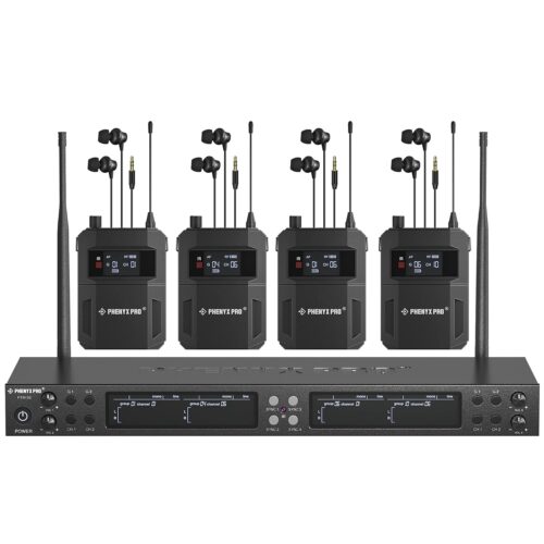 Phenyx Pro Quad-Channel Wireless in Ear Monitor System, Mono IEM System w/ 4 Bodypacks, 4x25 UHF Frequencies, Rack Mount, 164 ft Range, Wireless in Ear Monitor for Bands/Studio...