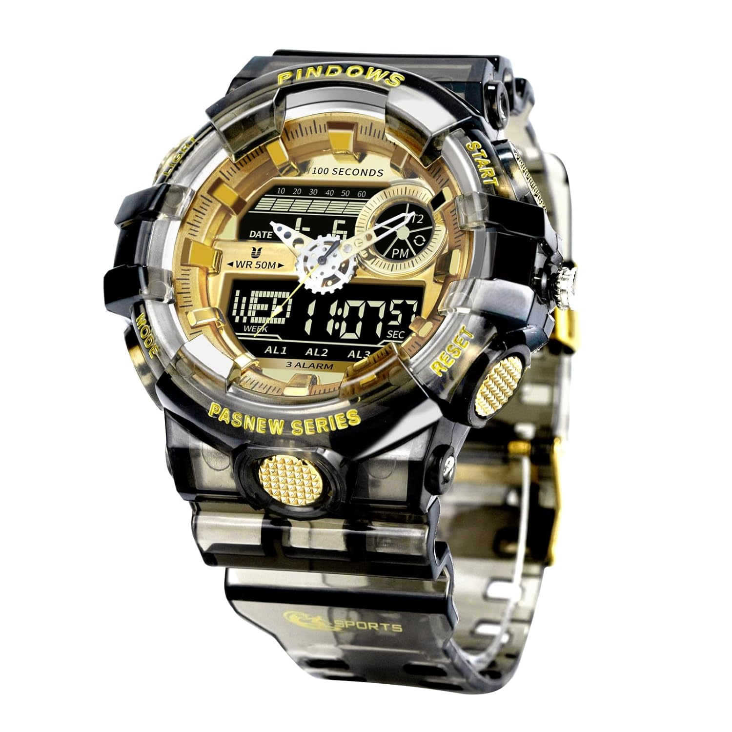 PINDOWS Watch for Men, 50M Waterproof Analog Digital Watches Watch Outdoor Sports Electronic Watch Date Multi-Function LED Alarm Stopwatch.