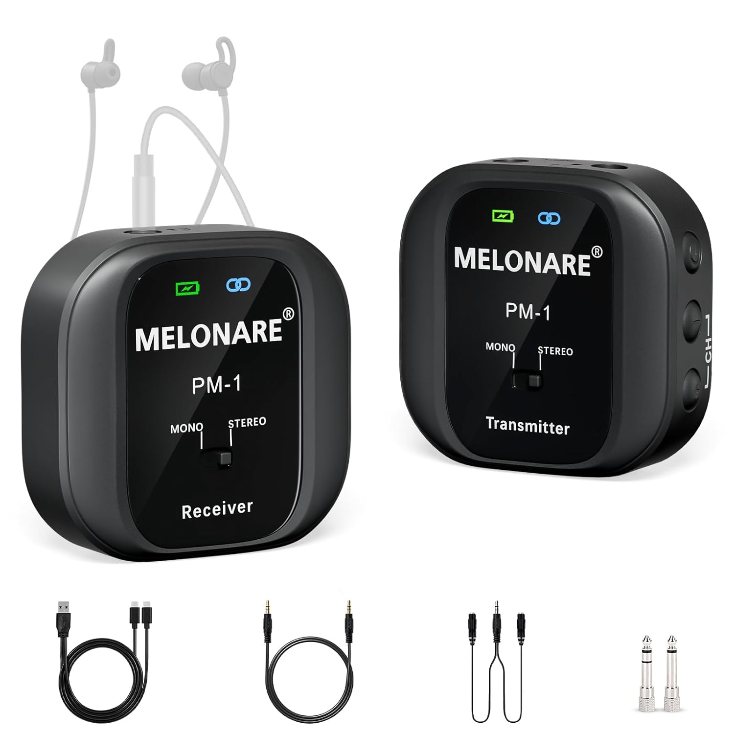 PM-1 Wireless In-Ear Monitor System – UHF 500MHz, No Delay, HD Audio, Beltpack Transmitter & Receiver, 10 Channels, Mono/Stereo Selection, IEM for Live Performance, Studio, Bands