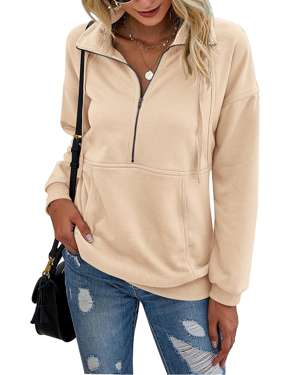 PRETTYGARDEN Women’s Casual Long Sleeve Lapel Zipper Sweatshirt Drawstring Loose Pullover Tops