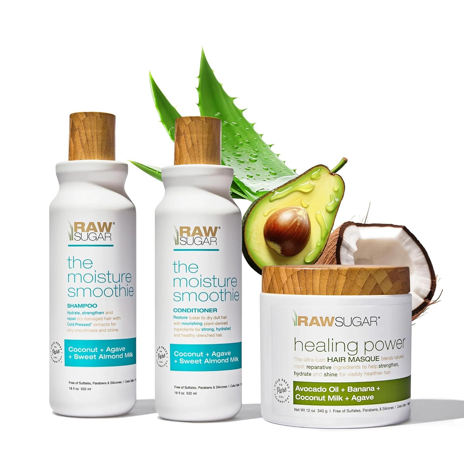 Raw Sugar Moisture Smoothie + Hair Masque Bundle – Shampoo & Conditioner for Dry Damaged Hair, Sulfate & Paraben Free