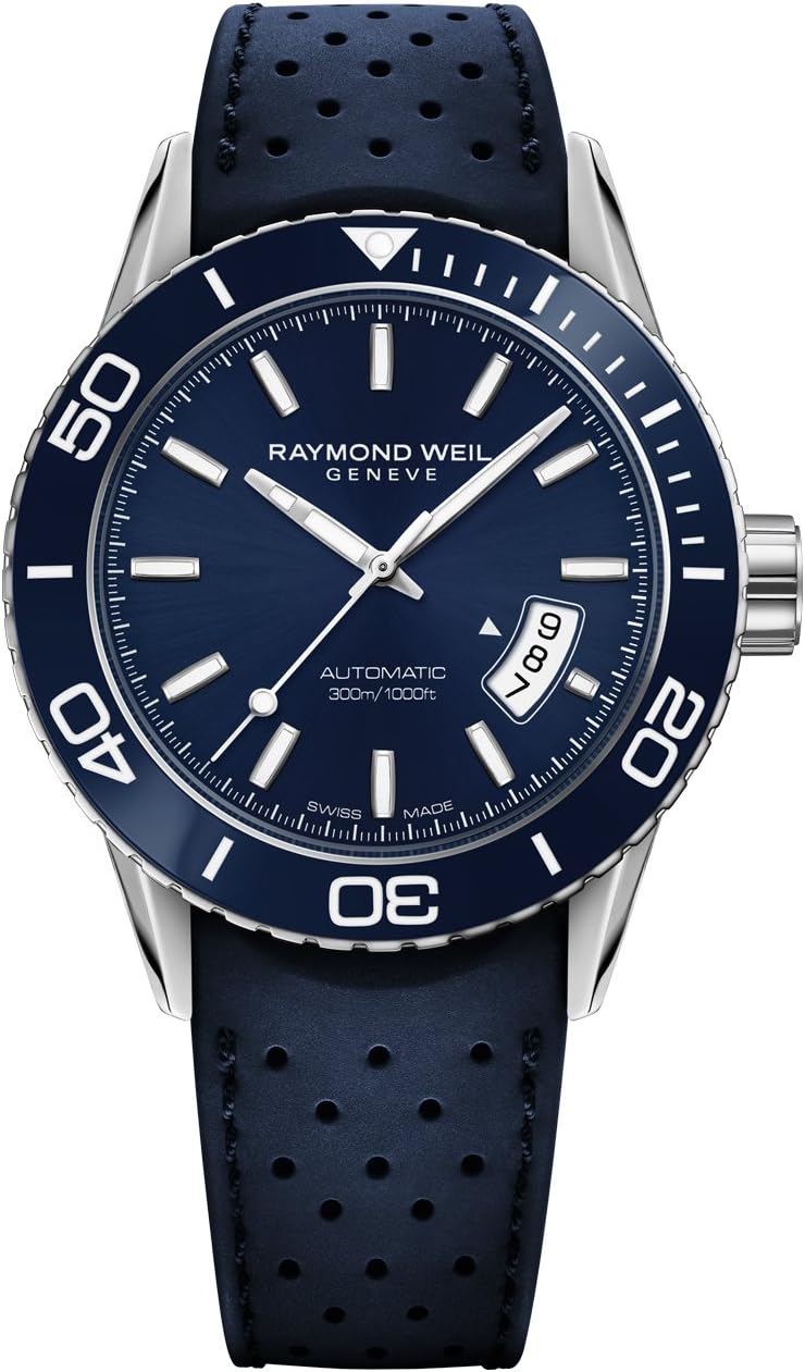 Raymond Weil Freelancer Diver Men’s Automatic Watch, Analog Display, Blue Dial with Indexes, Blue Genuine Rubber Strap, 42 mm (Model: 2760-SR3-50001)