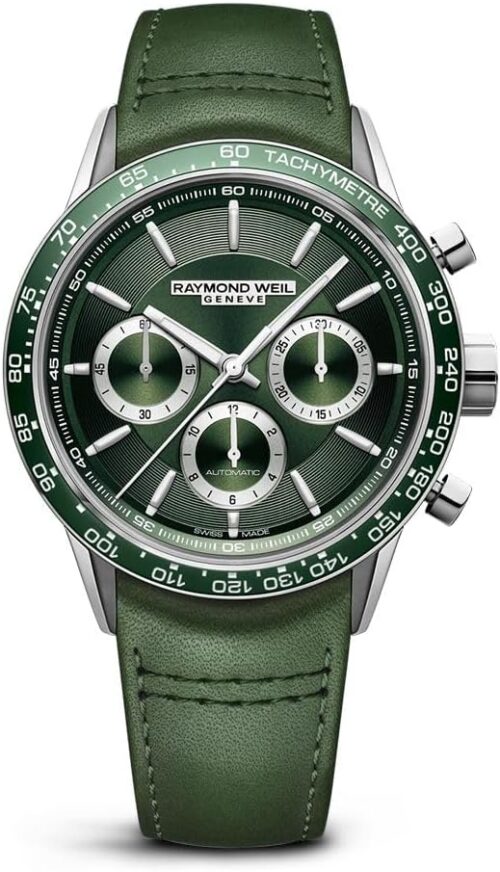 RAYMOND WEIL Freelancer Men's Automatic Watch, Chronograph, Green Dial with Indexes, Stainless Steel, Green Leather Watch, 43.5mm (Model: 7741-SC7-52021)