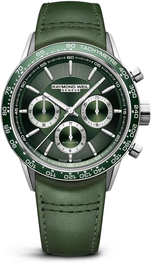 RAYMOND WEIL Freelancer Men’s Automatic Watch, Chronograph, Green Dial with Indexes, Stainless Steel, Green Leather Watch, 43.5mm (Model: 7741-SC7-52021)