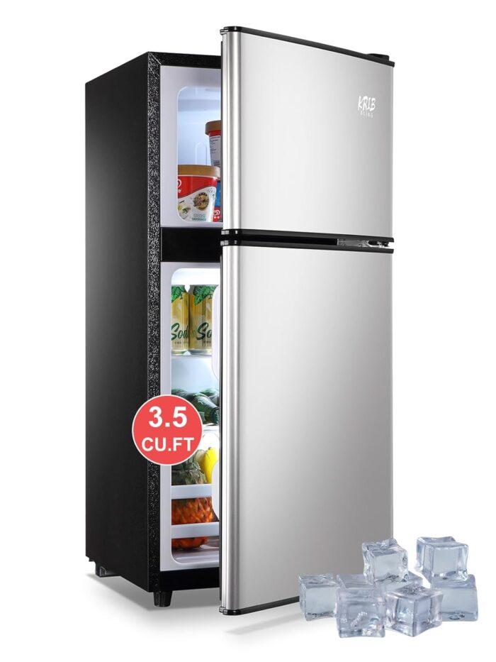 Refrigerator with Freezer 3.5 Cu.Ft with 7 Level Adjustable Thermostat Control 2 Door Energy Saving Top-Freezer Compact Refrigerator Silver (KB03 FLS-80-Silver-2)