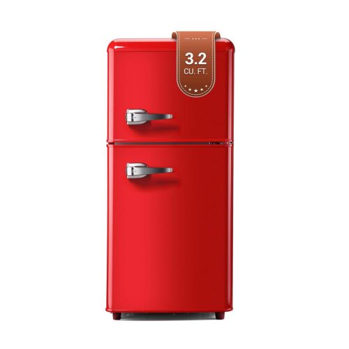 Retro Mini Fridge, 3.2 Cu. Ft. Small Refrigerator with Freezer Retro Style with 7-Level Adjustable Thermostat, Compact Vintage 2-Door Fridge for Apartments, Dorm, Office, Red