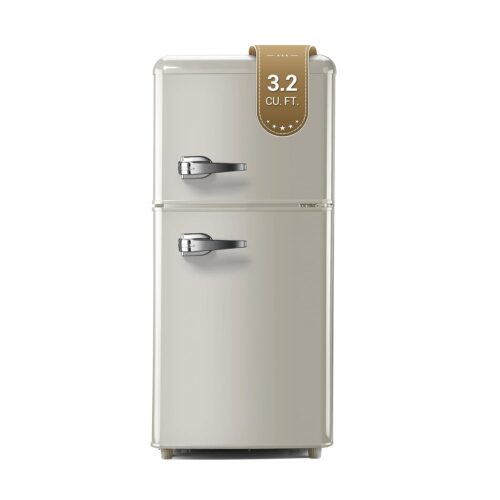 Retro Mini Fridge, 3.2 Cu. Ft. Small Refrigerator with Freezer Retro Style with 7-Level Adjustable Thermostat, Compact Vintage 2-Door Fridge for Apartments, Dorm, Office, Cream