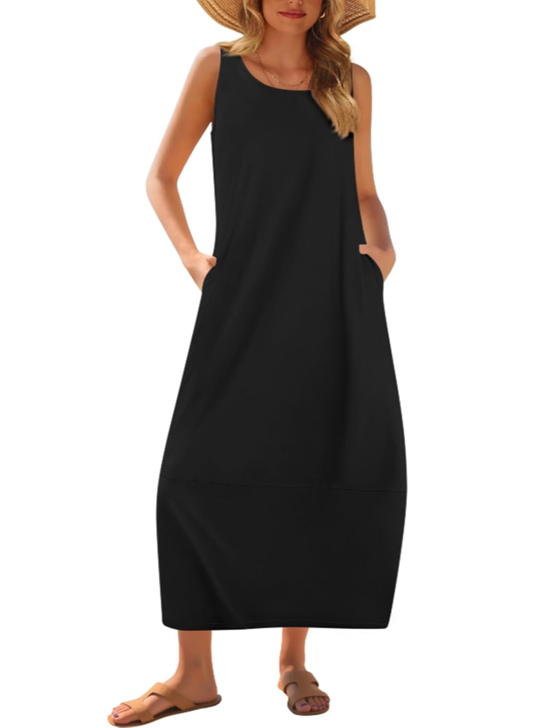 Sundresses for Women Sleeveless Crewneck Summer Beach Vacation Maxi Tank Dresses Casual Comfy Long Sun Dress with Pockets