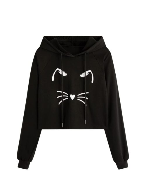 SweatyRocks Women's Long Sleeve Hoodie Crop Top Cat Print Sweatshirt