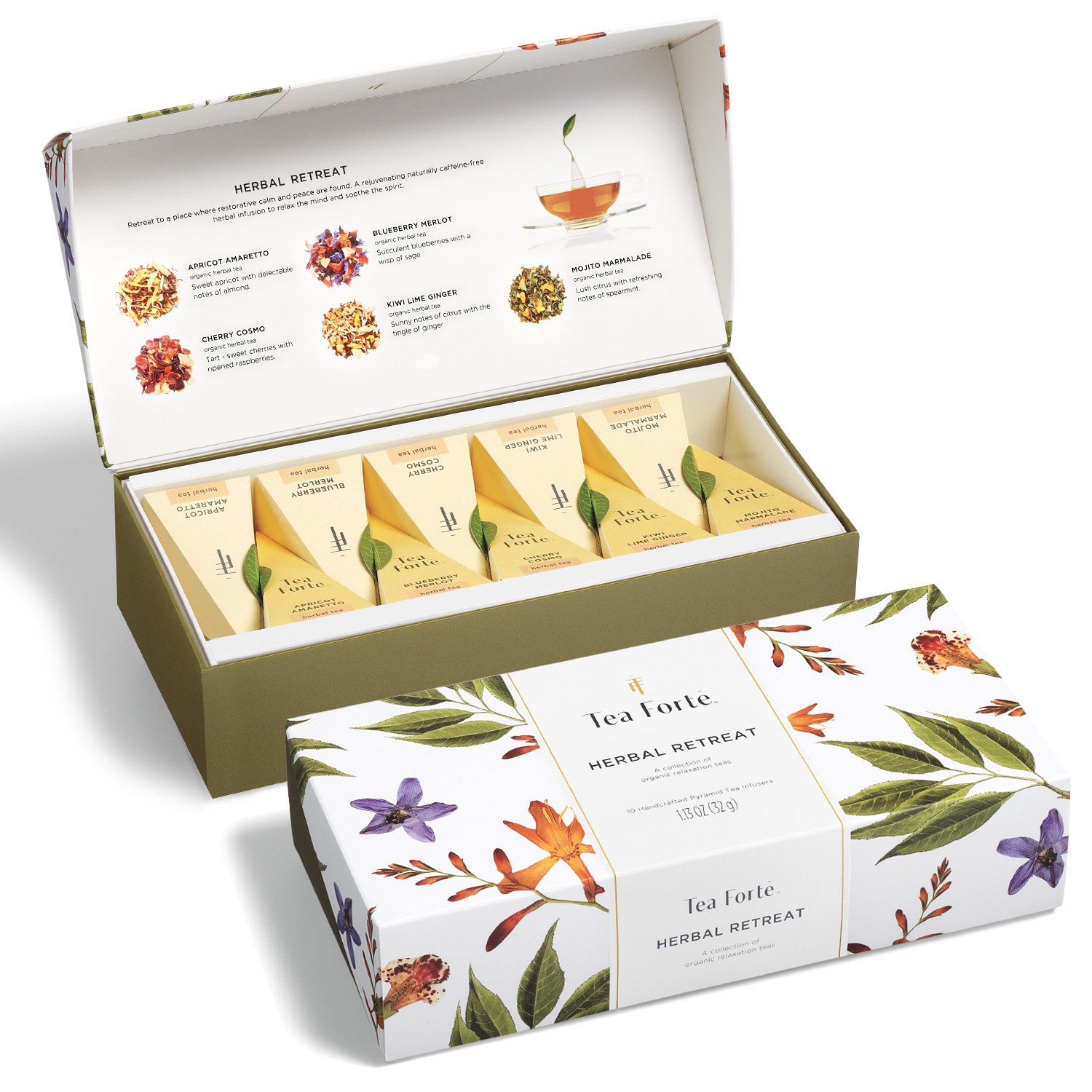 Tea Forte Herbal Retreat Organic Caffeine Free Premium Herbal Tea Petite Presentation Box Mother’s Day Tea Gift Set Sampler, 10 Handcrafted Pyramid Tea Bag Infusers