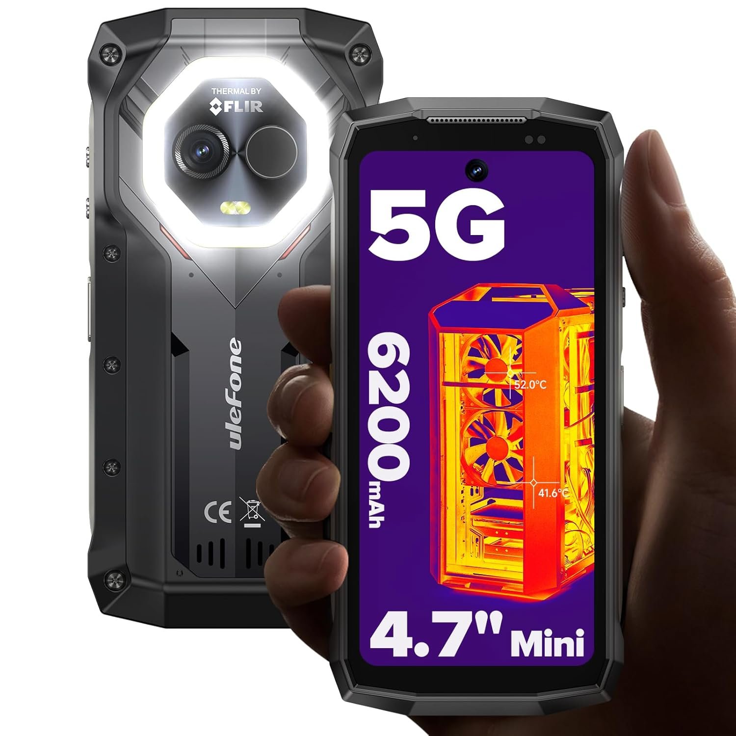 Ulefone Armor Mini 20T Pro with Thermal Imaging 5G Rugged Phone Unlocked, 16GB+256GB 6200mAh, 50MP+32MP Camera, 4.7″ Android 14 Smartphone, Versatile LED Light IP68/IP69K Dual…