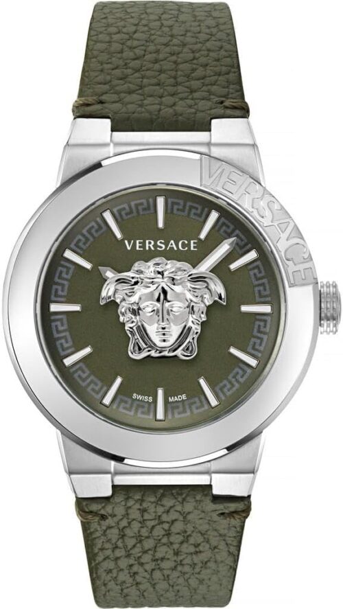 Versace Medusa Infinite Collection Luxury Mens Watch Timepieces with a Green Strap and Dial Featuring a Stainless Steel Case