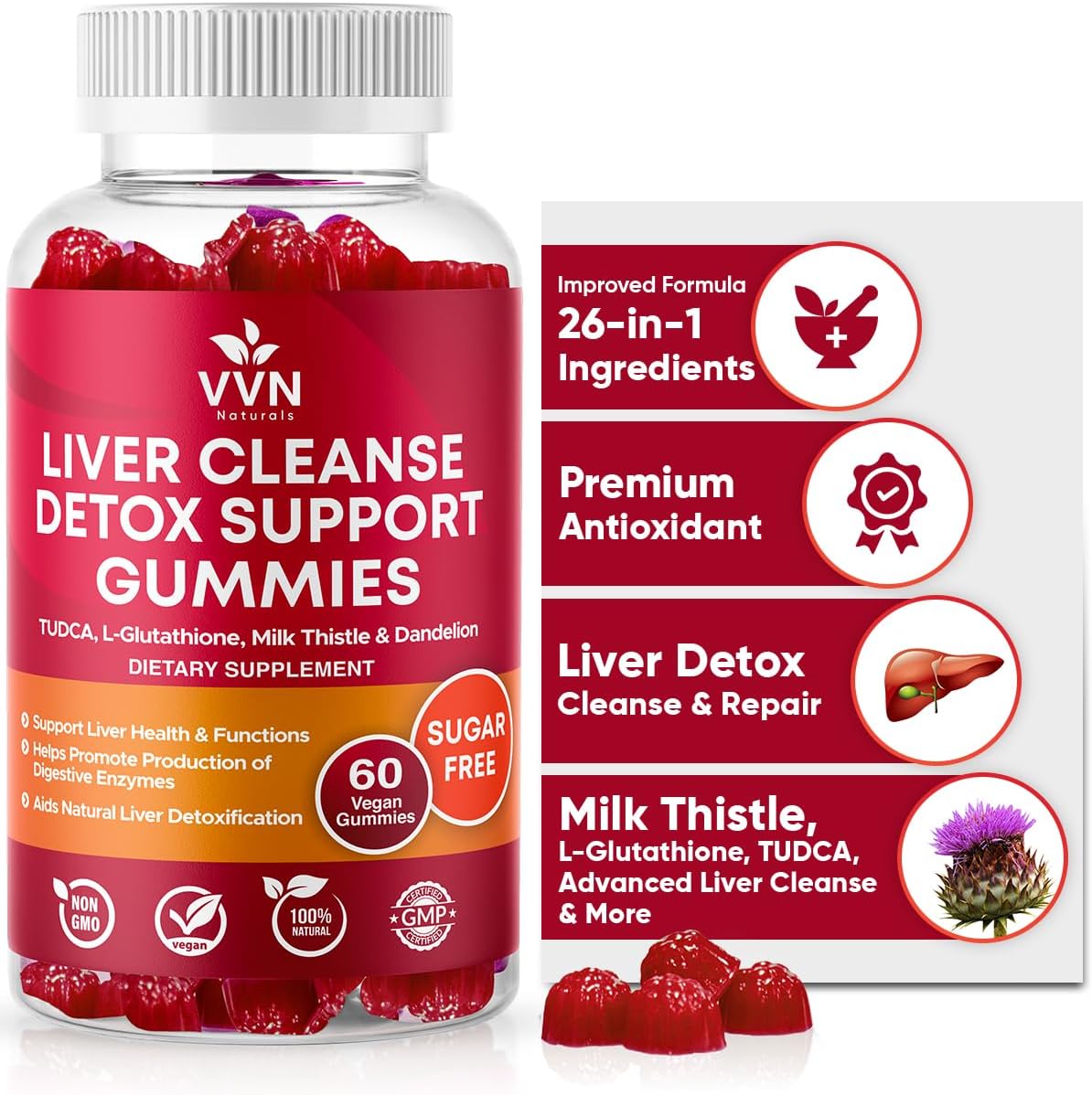 VVNaturals Sugar-Free 26-in-1 Liver Cleanse Detox & Repair Fatty Liver Formula Gummies; 3000mg Blend of Glutathione, Silymarin Milk Thistle, Choline, TUDCA | Liver Detox Gummies…