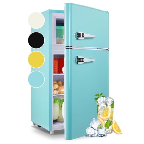 WANAI 3.5 Cu.ft Refrigerators Full-sized Fridge with Freezer Handles Blue Fridge Dual Door Classic Retro Refrigerator Removable Glass Shelves Adjustable Thermostat for Home...