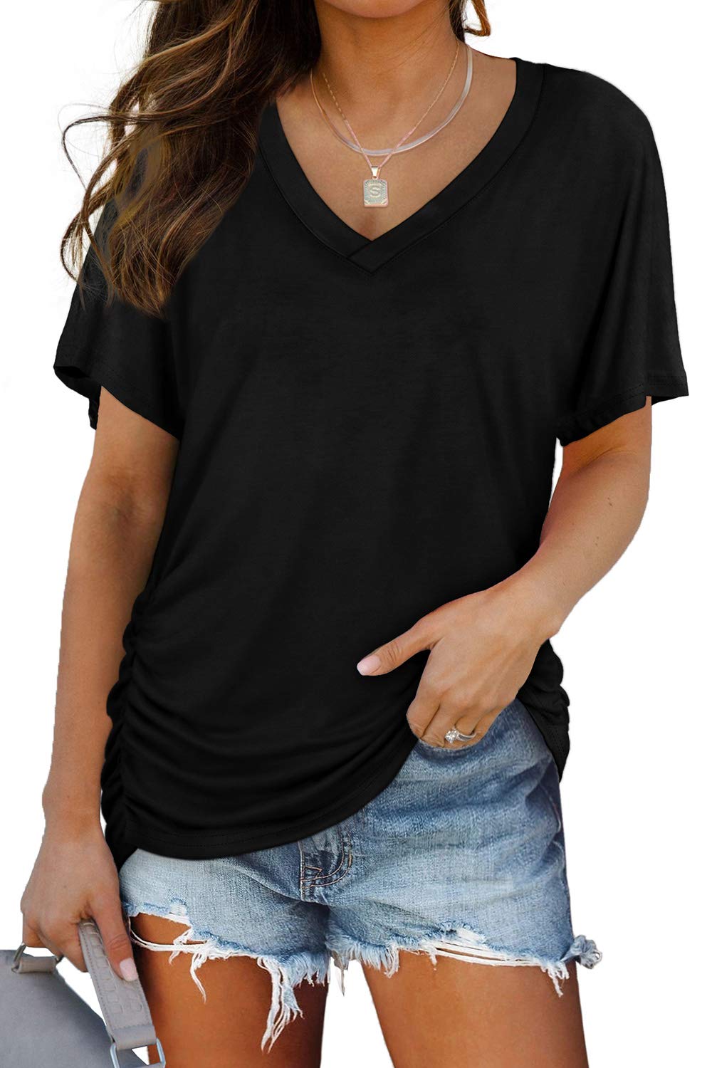 WIHOLL Womens Short Sleeve V Neck Dolman Tops with Side Shirring Loose Fit Shirts