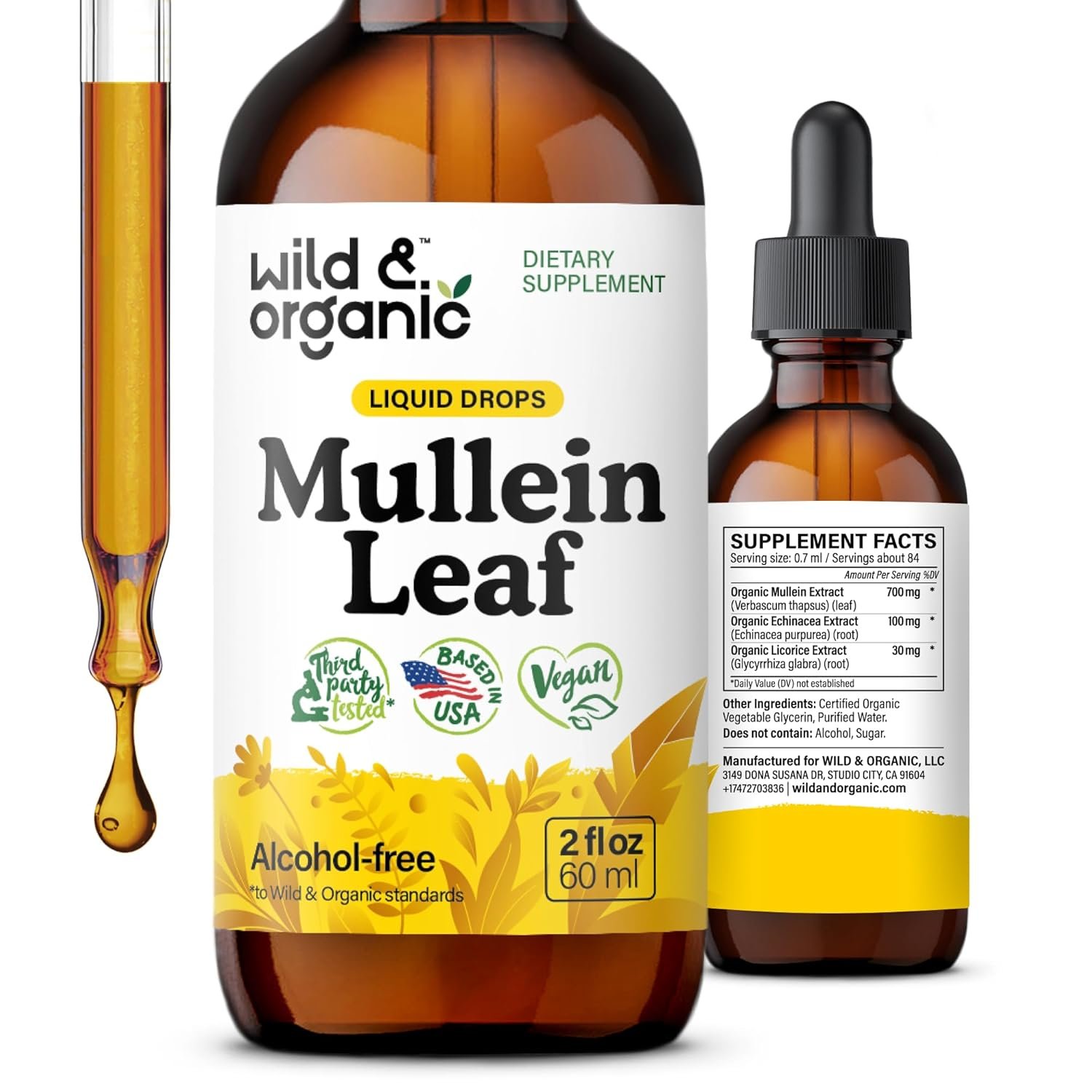 Wild & Organic Mullein Drops for Lungs – Lung Detox and Cleanse – Liquid Mullein Leaf Tincture – Vegan, Sugar & Alcohol-Free Extract Supplement – 2 fl oz