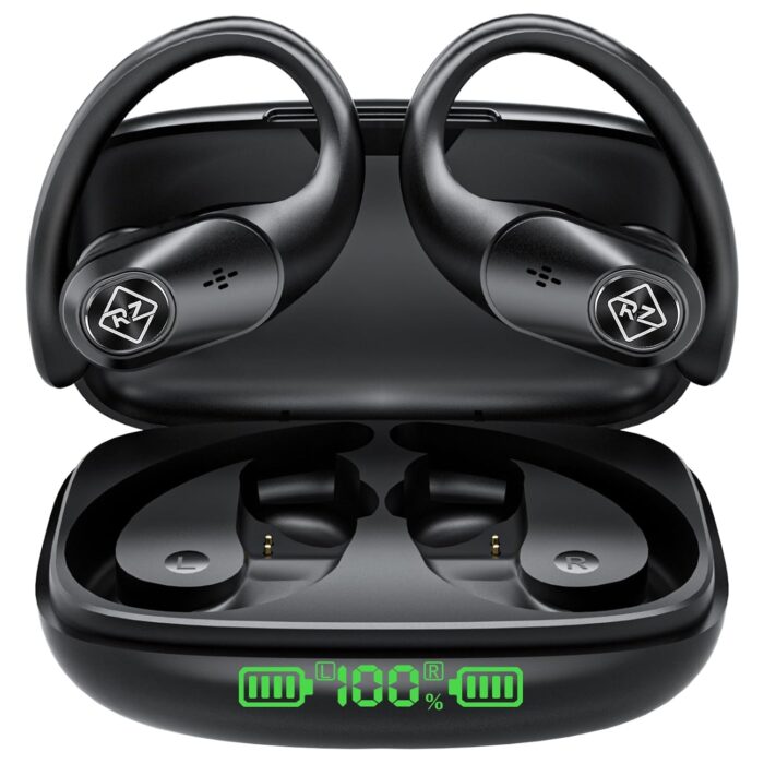 Wireless Earbuds Bluetooth Headphones 96H Playtime LED Display Waterproof Built in Mic Deep Bass Sound Secure Over Ear buds Earhooks for iPhone Android Samsung Cell Phones Sport...
