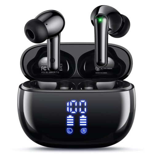 Wireless Earbuds Bluetooth Headphones, Ear Buds with Deep Bass, 40H Long Playtime, LED Power Display, IP7 in Ear Earphone with Mic for iPhone Android Phone Sports Workout, Black