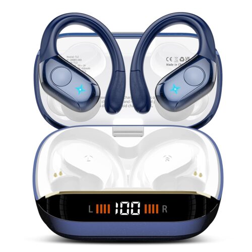 Wireless Earbuds Bluetooth Headphones Stereo Deep Bass Sports Ear Buds with Earhooks, Bluetooth Earbuds, LED Display, IP7 Waterproof Earphone, Dark Blue