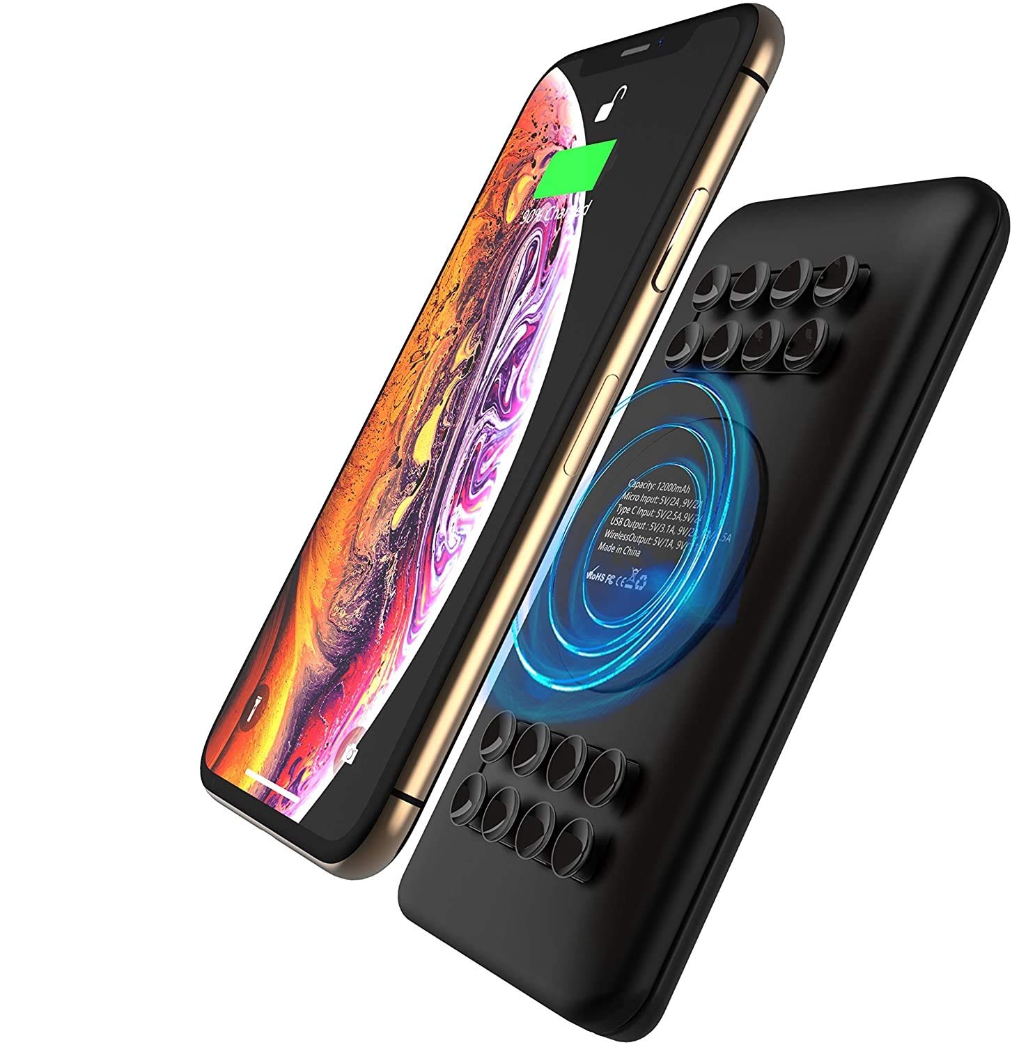 Wireless Portable Charger Power Bank with Anti-Slip Suction Cups, 12,000mAh 18W USB-C Battery Pack, for iPhone 15, 14, 13, 12, 11, SE 2020, X, XR, XS, Samsung S24, S23, S22,…