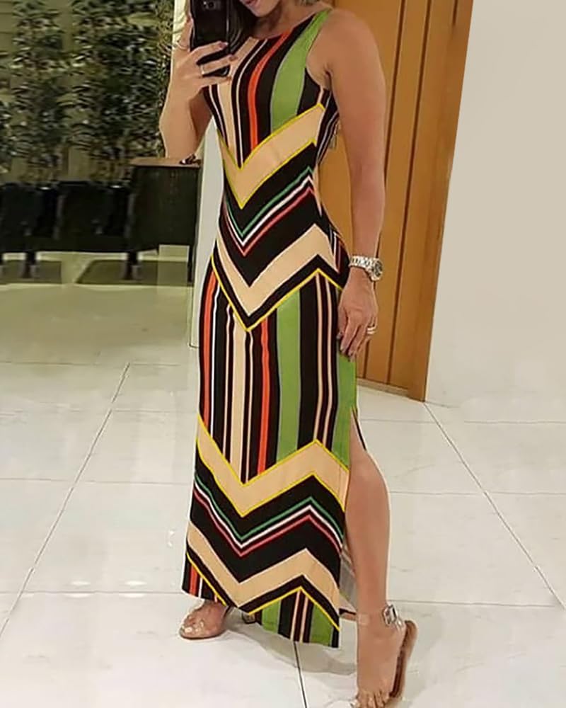 ​​Women Colorful Striped Print Side Slit Maxi Dress Breathable Comfort Fit Elegant Sexy Beach Wedding Resort Wear Summer​
