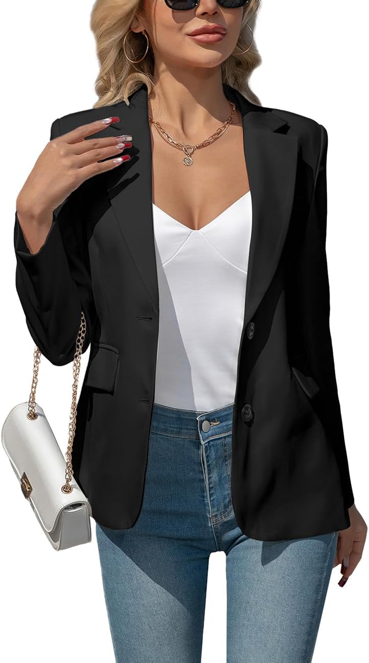 Women’s Blazers Business Casual Padded Shoulder Blazer – Long Sleeve Slim Fit Work Office Suit Jackets with Pockets