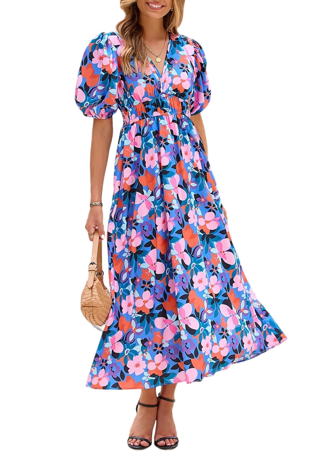 Women’s Boho Floral Print Midi Dress Short Sleeve Summer Long Dress