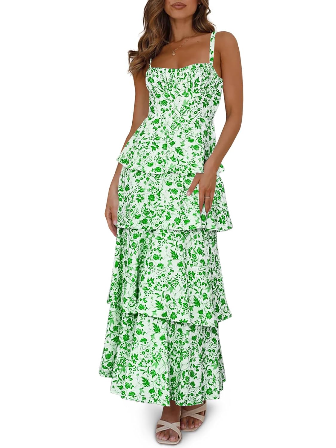 Womens Floral Maxi Dresses Spaghetti Strap Casual Sleeveless Ruffle Flowy Tiered Dress