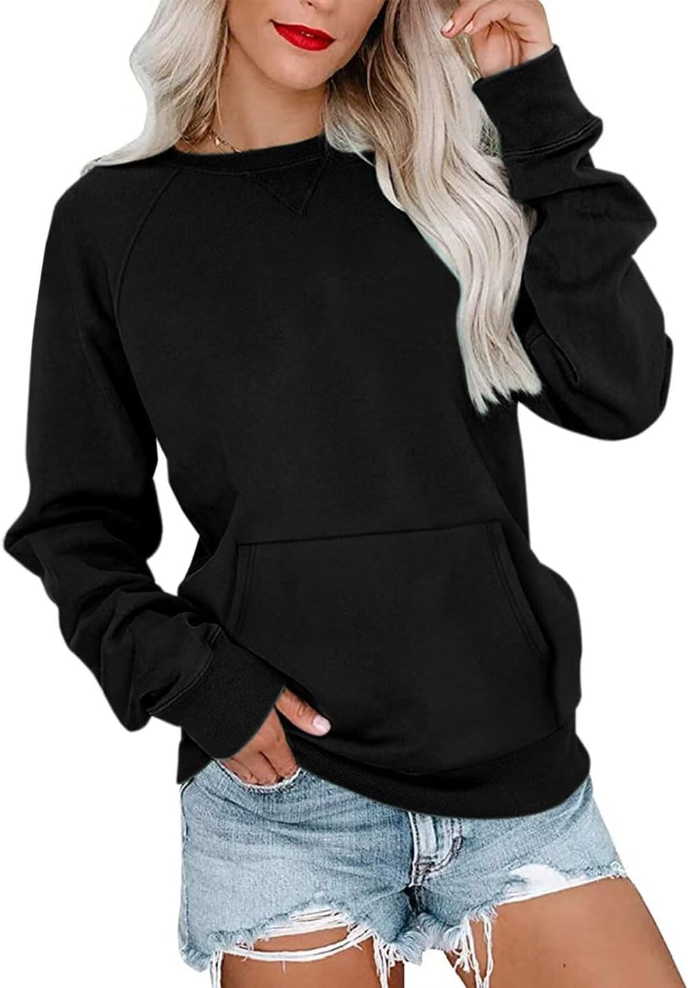 Womens Long Sleeve Sweatshirt Casual Crewneck Cute Pullover Tops Lightweight Sweatshirt with Pocket