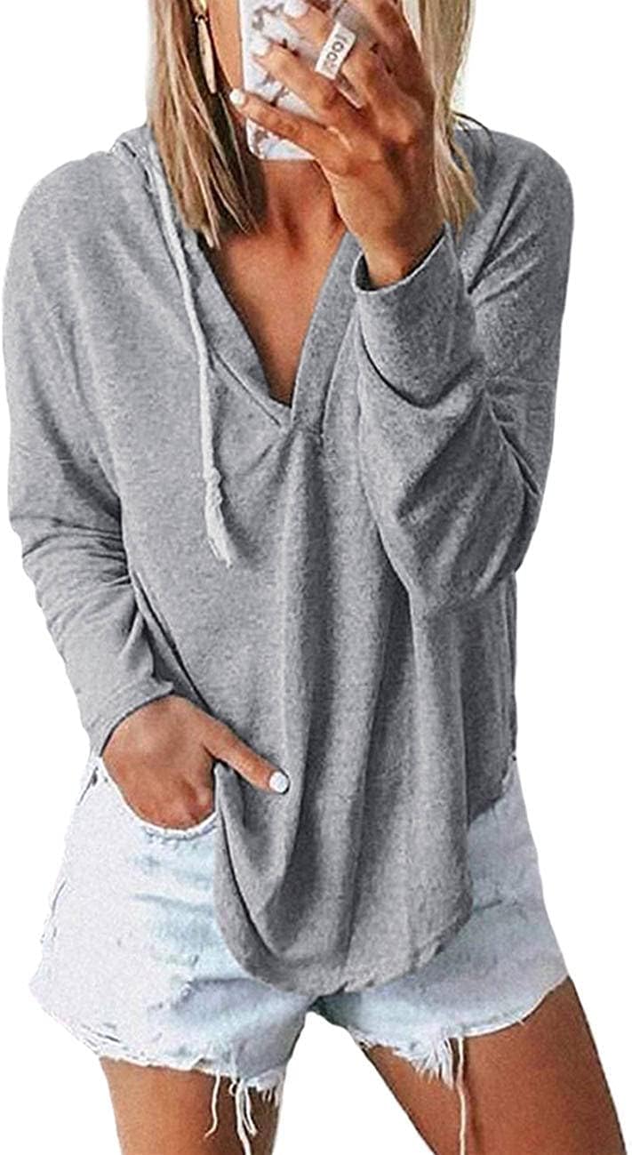 Womens Long Sleeve V Neck Hoodie Sweatshirts Lightweight Pullover Tops