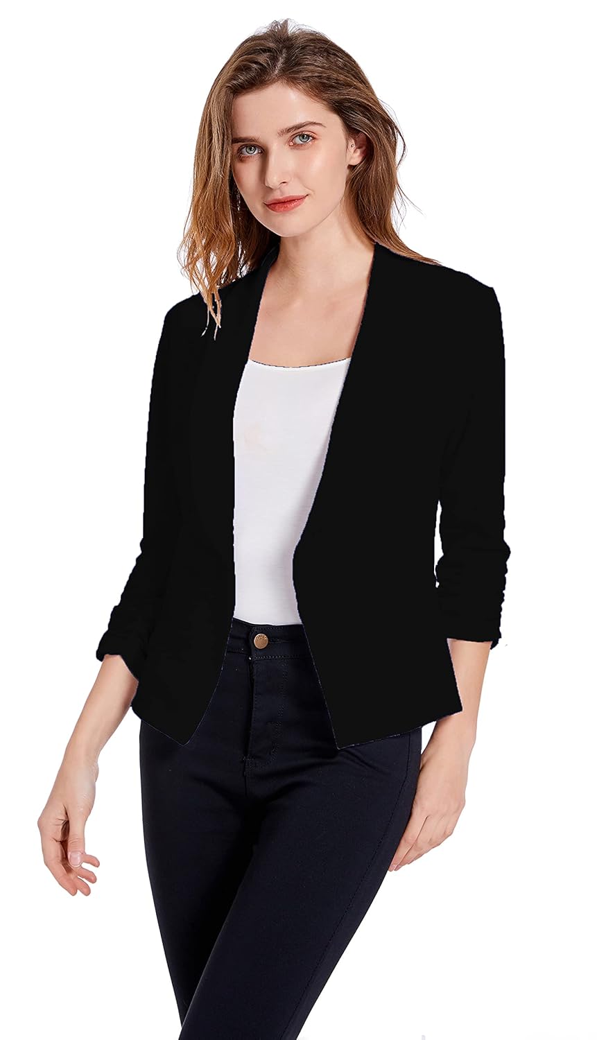 Women’s Soft Stretchy Lightweight Cardigan Blazer One Button 3/4 Ruched Sleeve Business Casual Blazer Jackets