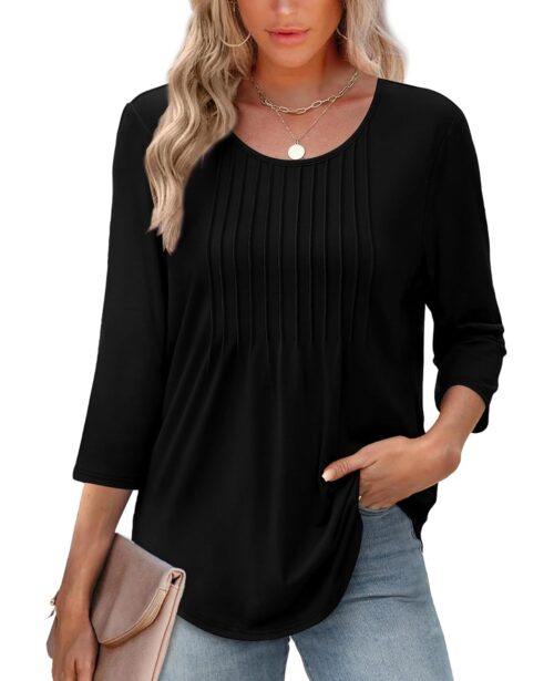 XIEERDUO 3/4 Length Sleeve Tops for Women 2025 Crewneck Casual Pleated Tunic Tops Loose Fit Shirts Blouses