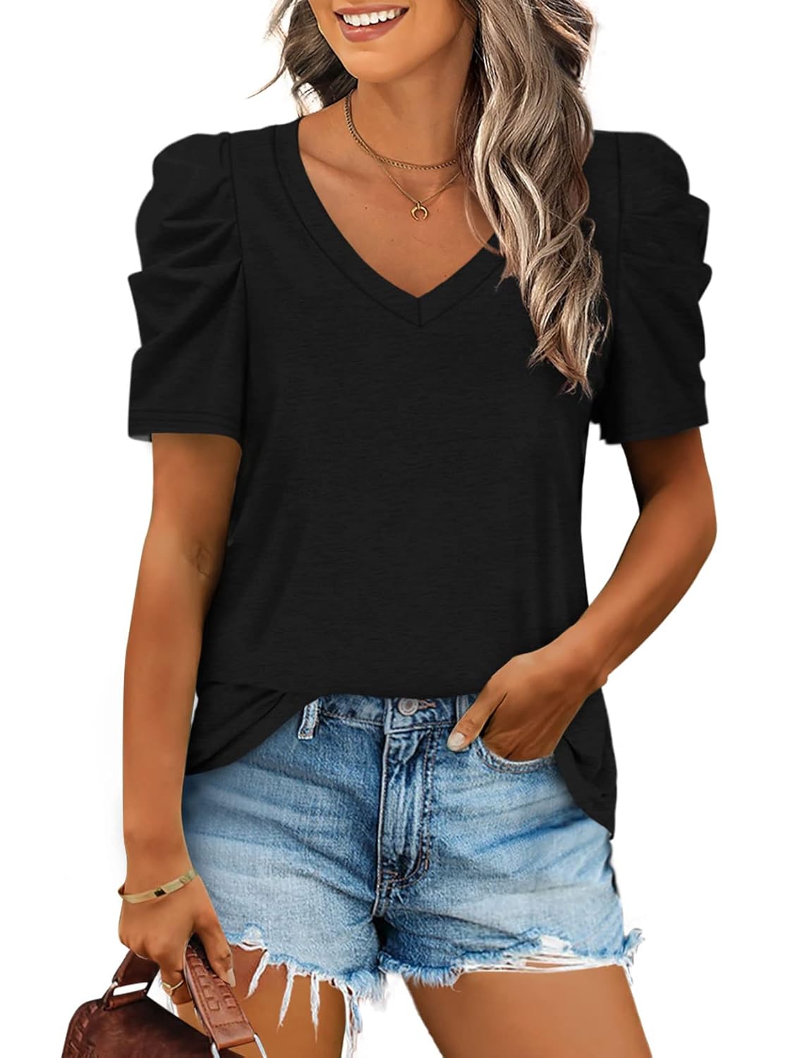 XIEERDUO Womens Summer Shirt V Neck Casual Tshirts Puff Sleeve Tops for Women Solid Color XS-3XL