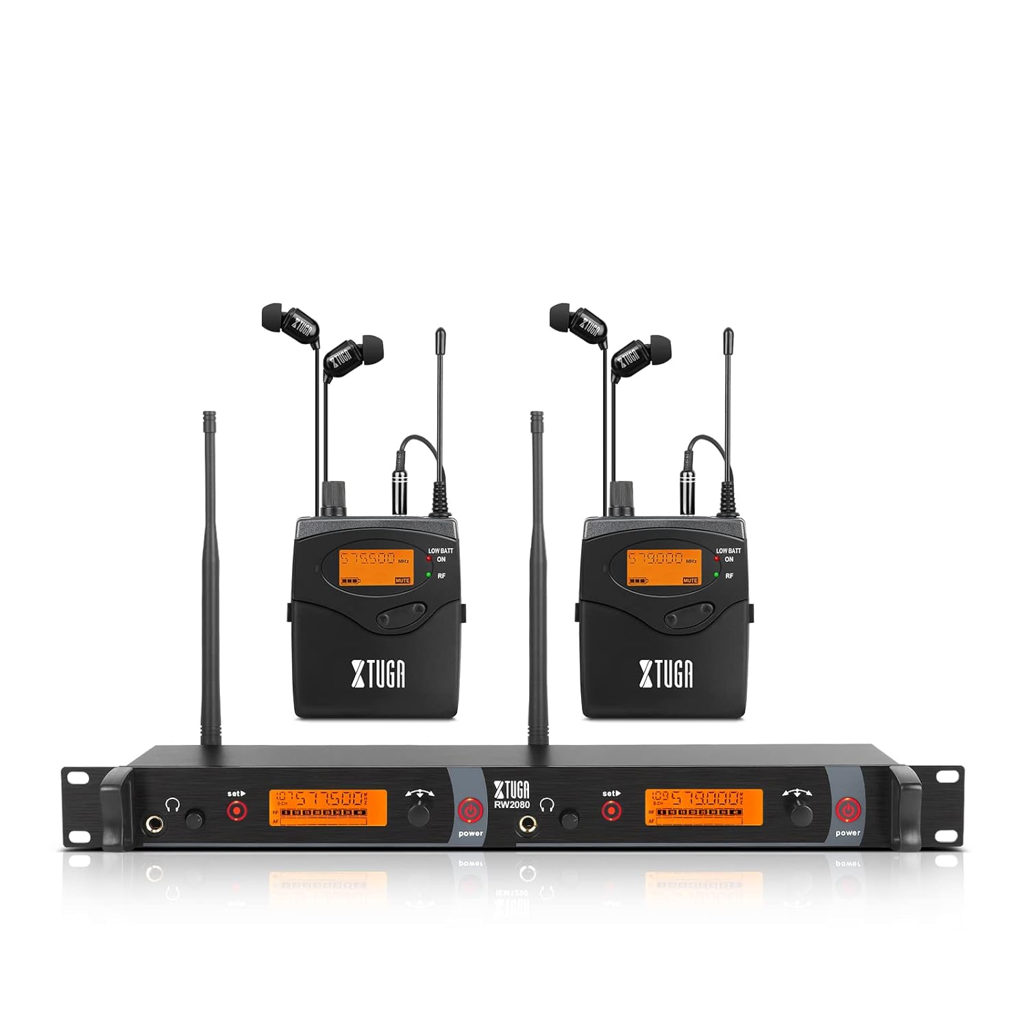 XTUGA RW2080 Wireless in Ear Monitor System 2 Bodypacks, UHF Mono Design Dual Channel IEM System with 40 Frequencies, 300Ft for Band, Stage or Studio, 572MHz-599Mhz