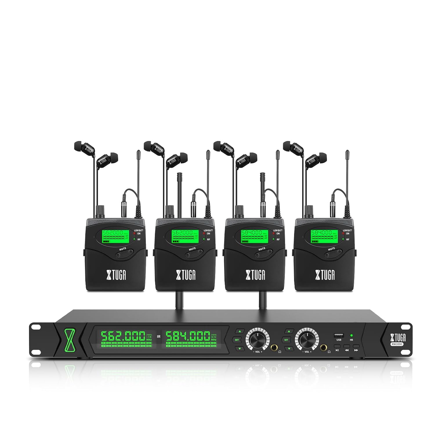 XTUGA RW2090 Wireless in Ear Monitor Systems, 2 * 100 Frequencies with 4 Bodypacks, Mono Channel IEM Monitoring, 230ft(70m) Operation,Bluetooth Earphone Fit for Stage, Studio…