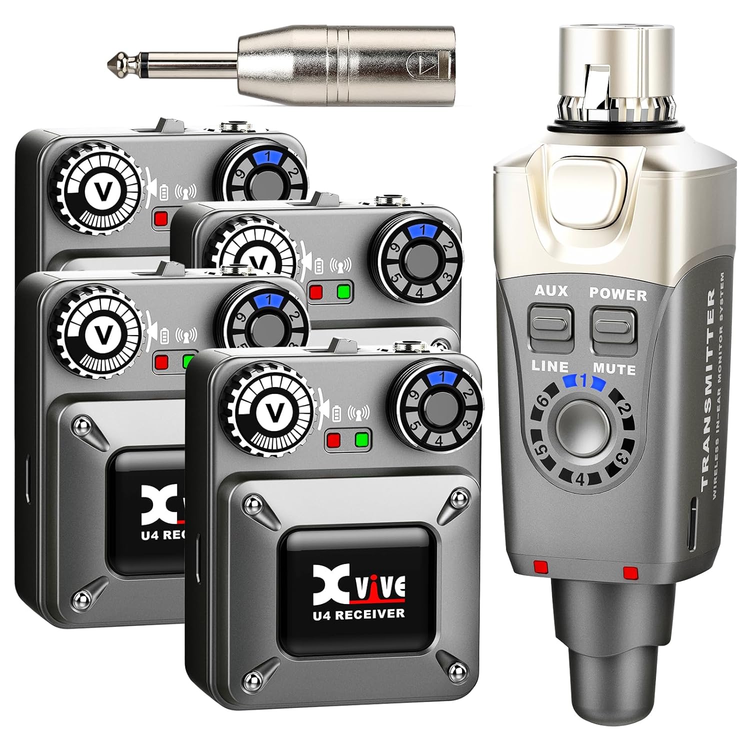 Xvive U4R4 Wireless in-Ear Monitor System Professional IEM System,1 Transmitter and 4 Beltpack Receiver for Studio, Band Rehearsal,Live Performance(U4R4)