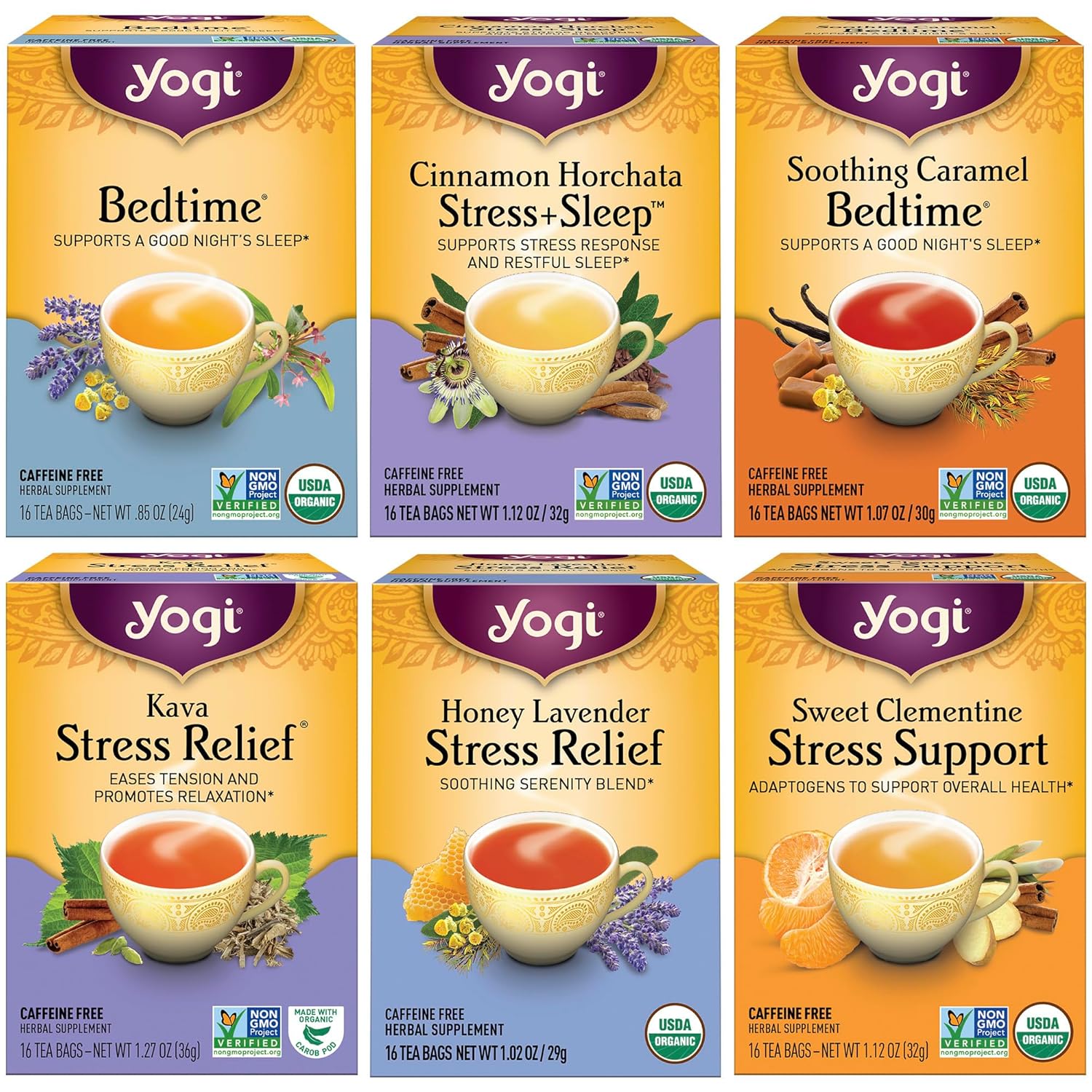 Yogi Tea Stress Relief & Herbal Variety Sampler – 16 Bags per Pack (6 Packs) – Organic Herbal Tea Sampler – Includes Bedtime, Kava Stress Relief, Soothing Caramel Bedtime & More