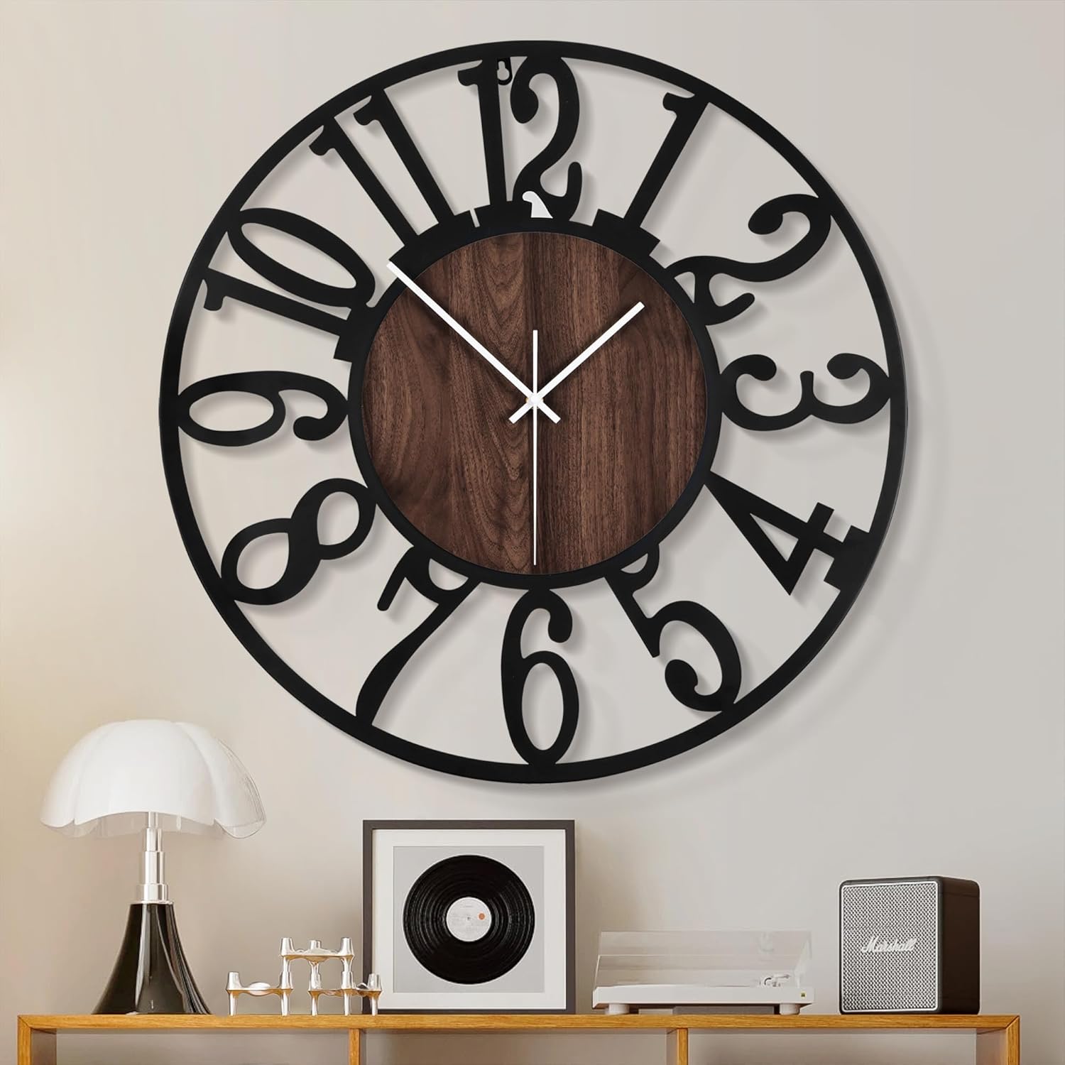 1st owned Large Wall Clock for Living Room Decor- 24″ Decorative Antique Silent Non Ticking,Battery Operated,Black Metal,Wood Clocks for Farmhouse,Dining Room,Bedroom,Kitchen -…