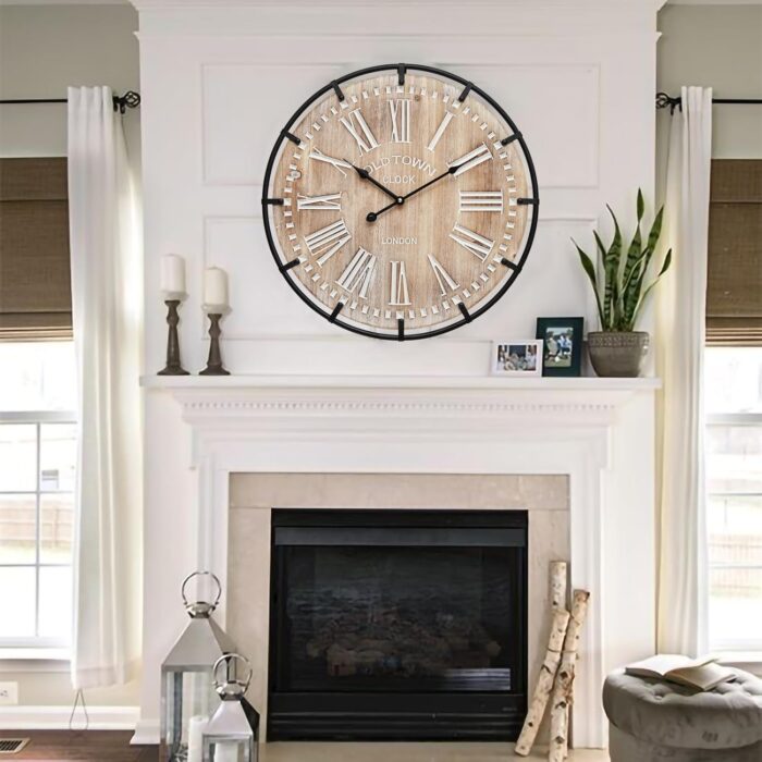 24 Inch Grand Farmhouse Wall Clock, Vintage-Inspired Wood & Metal Design with Large Etched Numbers, Silent Battery-Powered Timepiece for Offices, Kitchens, Bedrooms, and Living...