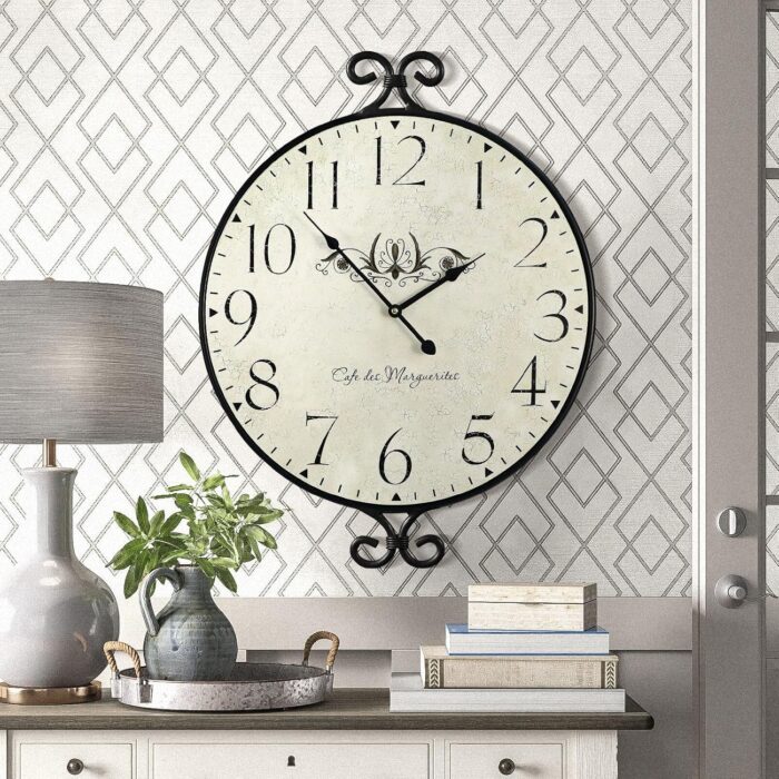 24 Inch Large Farmhouse Wall Clock, Wrought Iron Frame with Warm Gray Finish, Silent Battery Operated Wall Clock for Living Room Kitchen Bedroom