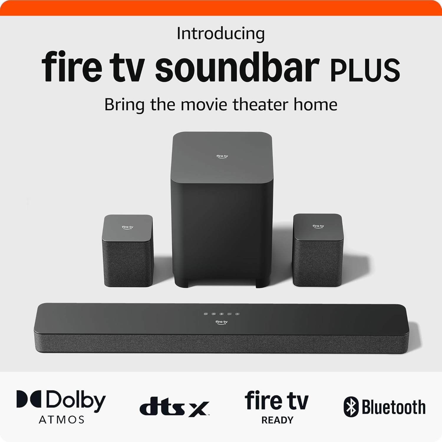 Amazon Fire TV Soundbar Plus with subwoofer and surround sound speakers (newest model), 5.1 channel, Dolby Atmos, clear dialogue