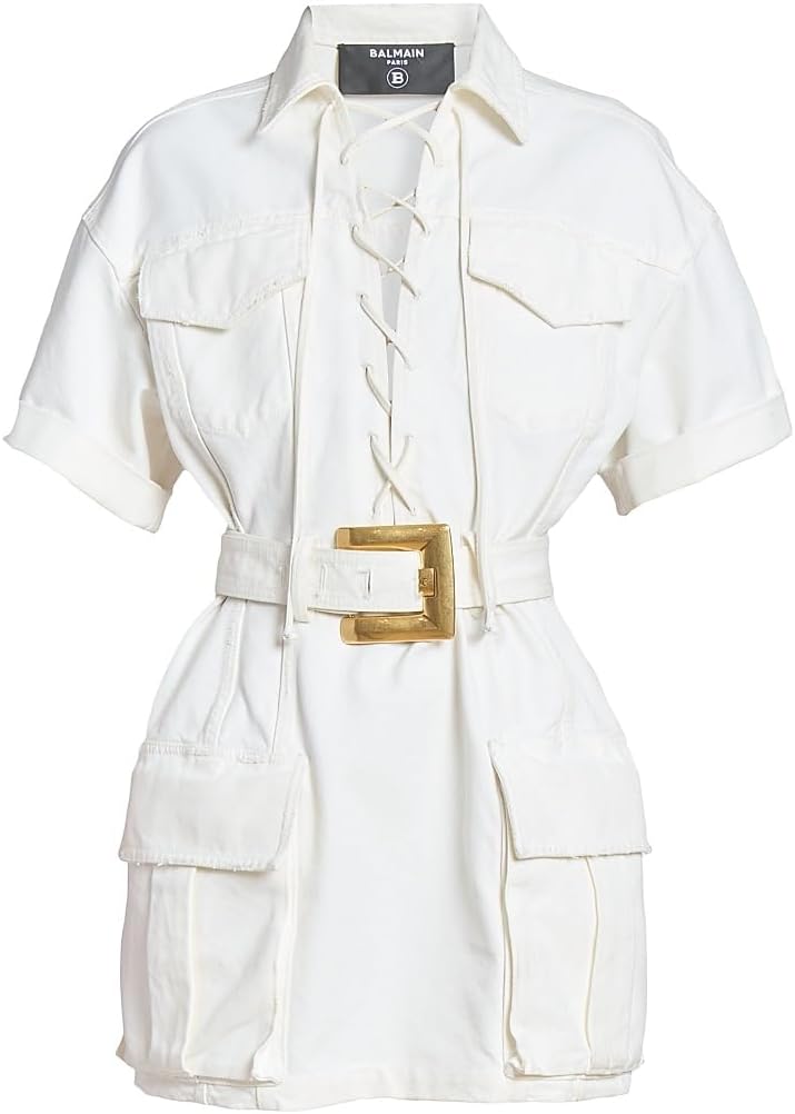 Balmain, Belted Denim Short-Sleeve Minidress, 36 (4), Blanc Casse