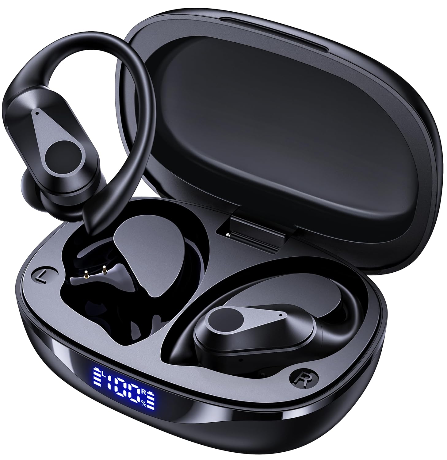 Bluetooth Headphones Wireless Earbuds 90Hrs Playtime Ear Buds IPX7 Waterproof Sports Earphones with Wireless Charging Case & Over-Ear Earhooks LED Power Display Stereo Bass…