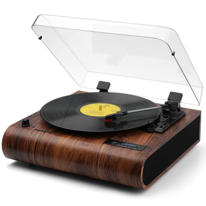 Bluetooth Record Player, 3 Speed Turntable with Built-in Speakers, Retro LP Vinyl Player with BT Input & Output, FM Radio, USB & SD Card Recording, Aux in, LED Display
