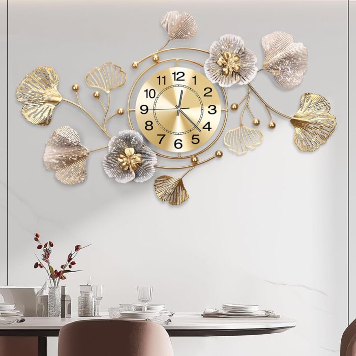 Clocks for Living Room, Large Wall Clock, 3D Silent Wall Clock, Retro Metal Ginkgo Leaf Design, for Bedroom Kitchen Decorative Wall Clocks（32''x18'' ）
