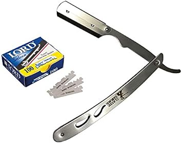 CS-102 Stainless Steel Professional Barber Straight Edge Razor with 100 Lord Single Edge Razor Blades (Silver Metal)