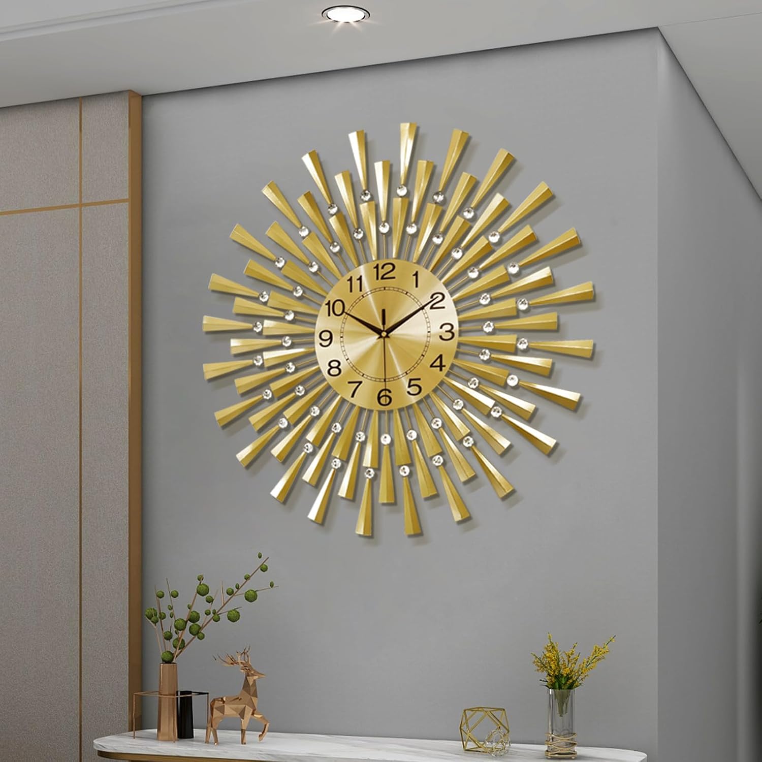 FLEBLE Large Wall Clocks for Living Room Decor Modern Gold Silent Wall Clock Battery Operated Non-Ticking for Bedroom Kitchen Office Home Decorative 24Inch Retro Crystal Clock…