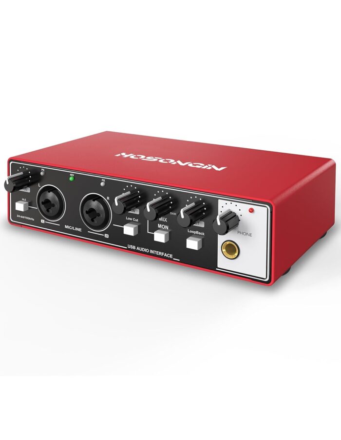HOSONGIN 2i2 USB Audio Interface for Beginners - 24Bit/192kHz, 48V Phantom Power, Plug & Play Recording for Podcast/Vocals/Guitar/Youtube, PC/Mac/iOS Compatible (Red Metal)