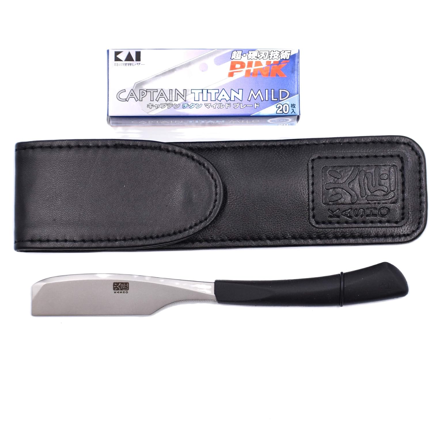 Kasho Captain Japanese Straight Edge Barbering Razor with Leather Case & 20 Kai Captain Blades -Compatible with Kai Captain and Feather Artist Club Razor Blades